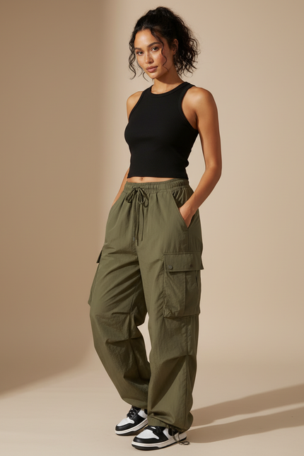 Pantalon Cargo Vert Militaire Ample Multipoches Décontracté Femme - Kaki Polyester
