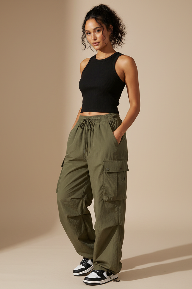 Pantalon Cargo Vert Militaire Ample Multipoches Décontracté Femme - Kaki Polyester