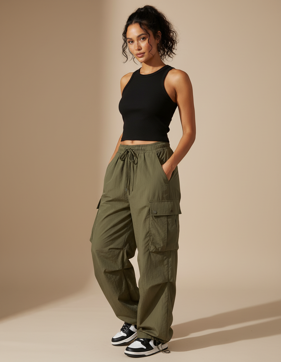 Pantalon Cargo Vert Militaire Ample Multipoches Décontracté Femme - Kaki Polyester
