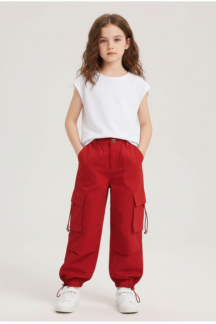 Pantalon Cargo Rouge Ample Coton Poches Fille
