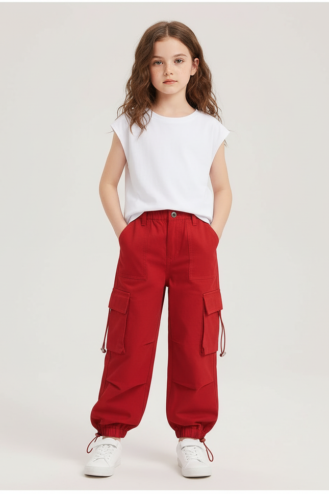 Pantalon Cargo Rouge Ample Coton Poches Fille