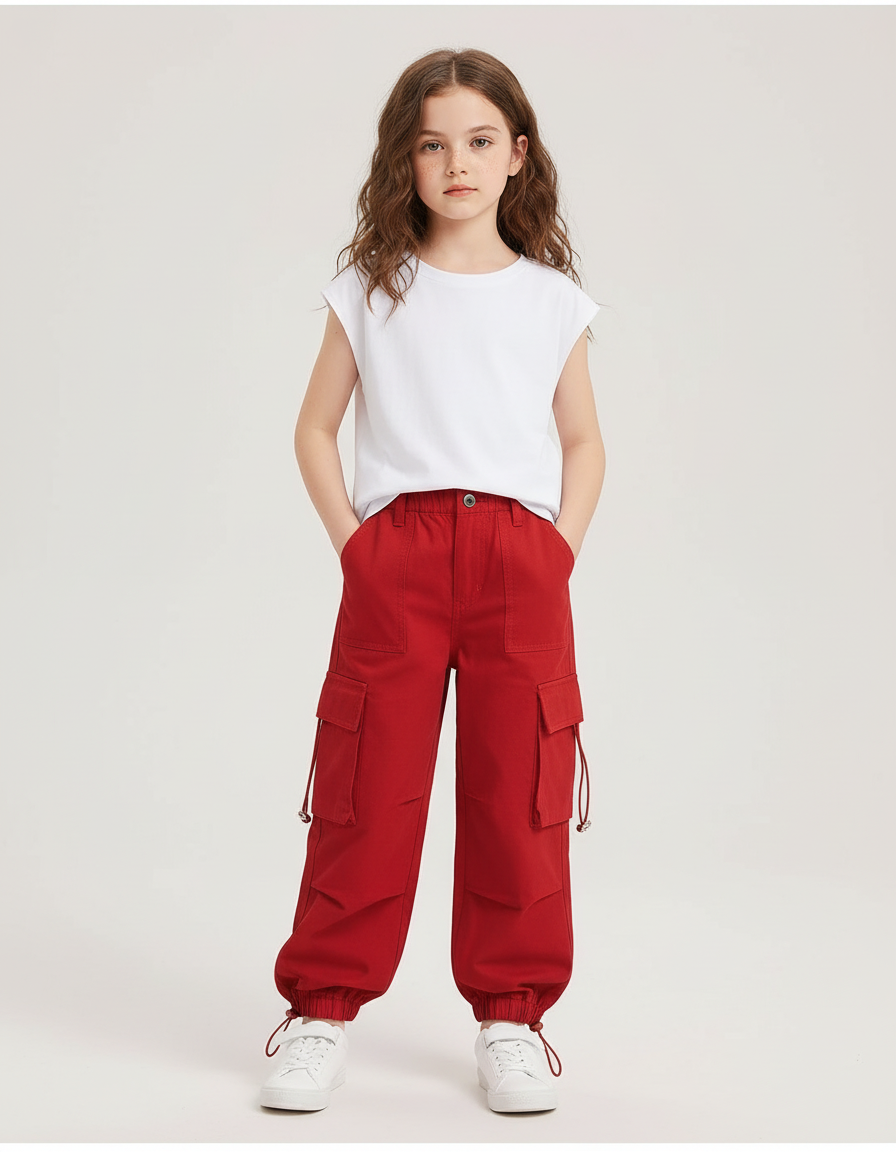 Pantalon Cargo Rouge Ample Coton Poches Fille