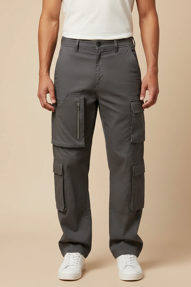Pantalon Cargo Gris Ample Multipoches Zippées Homme - Toile