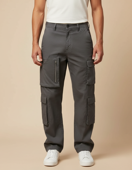 Pantalon Cargo Gris Ample Multipoches Zippées Homme - Toile