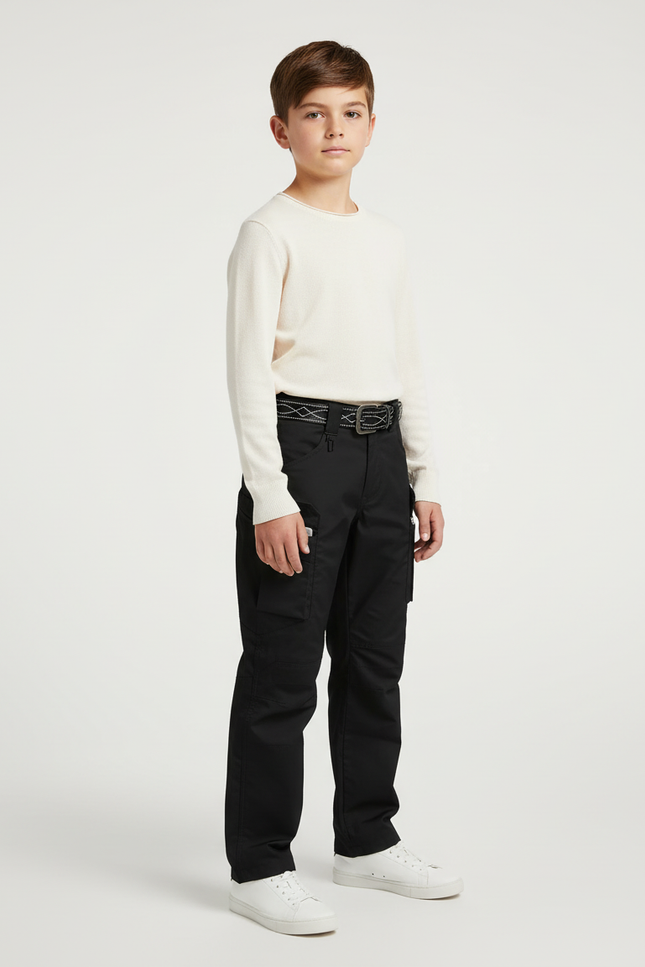 Pantalon Cargo Noir Décontracté Multipoches Ceinturé Enfant - Toile