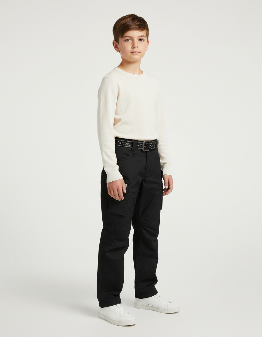 Pantalon Cargo Noir Décontracté Multipoches Ceinturé Enfant - Toile