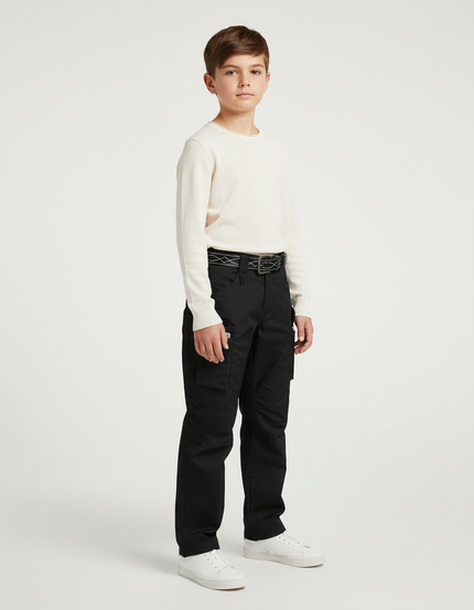 Pantalon Cargo Noir Décontracté Multipoches Ceinturé Enfant - Toile