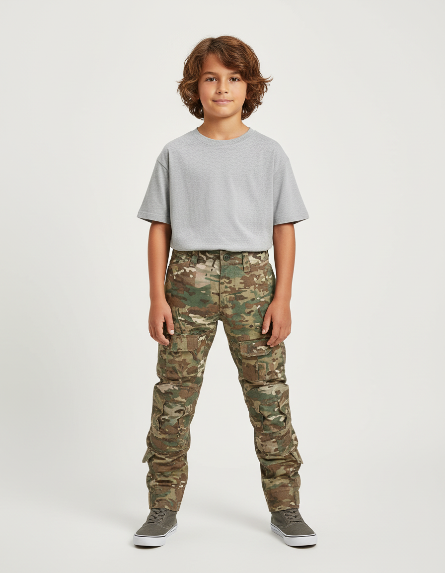 Pantalon Cargo Camouflage Militaire Enfant Multi-Poches Décontracté - Multicolore Toile