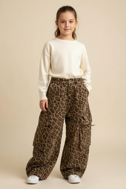 Pantalon Cargo Léopard Ample Enfant Multipoches Décontracté - Imprimé Jean