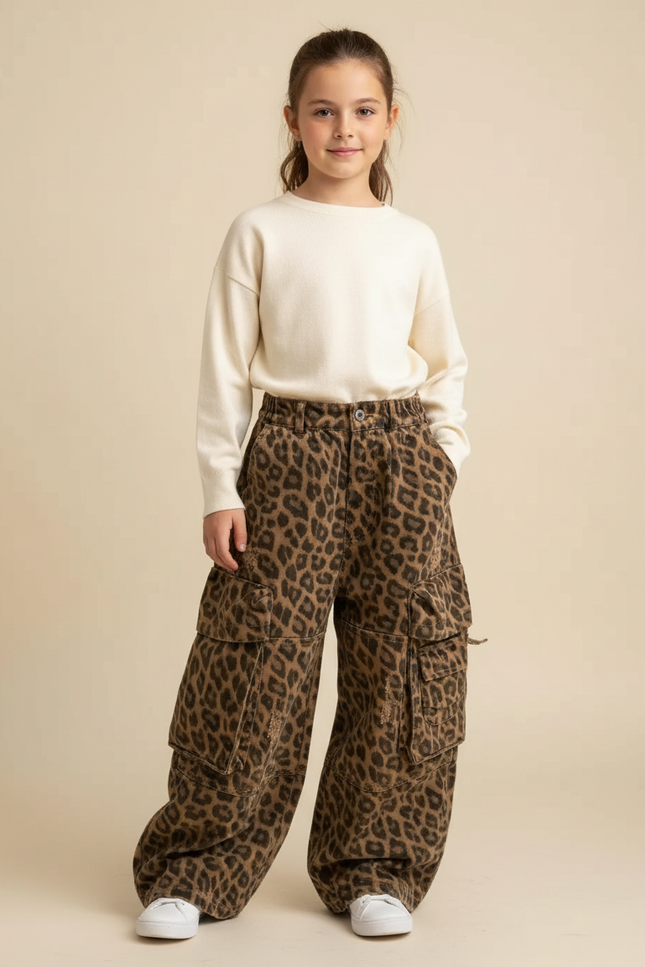 Pantalon Cargo Léopard Ample Enfant Multipoches Décontracté - Imprimé Jean