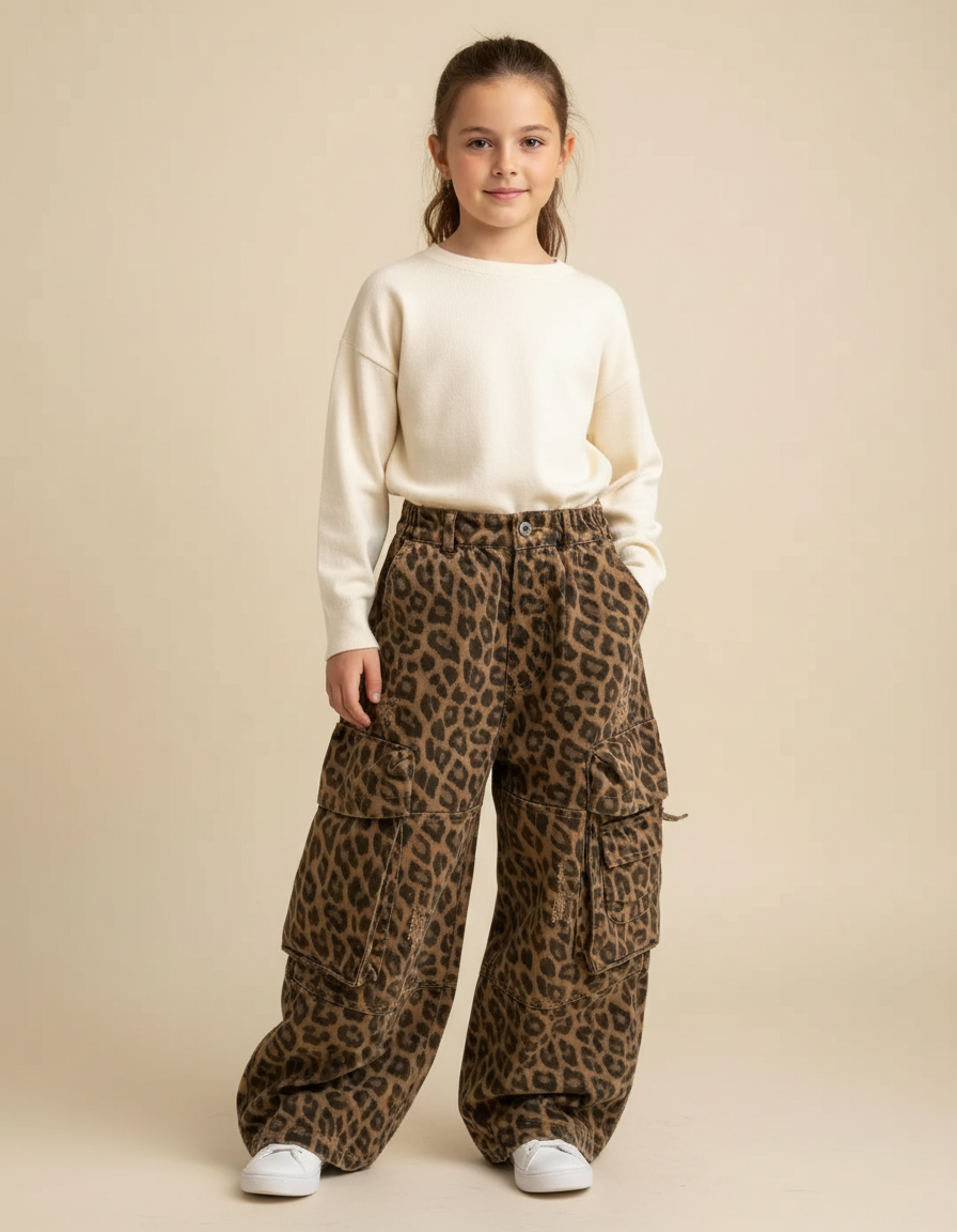 Pantalon Cargo Léopard Ample Enfant Multipoches Décontracté - Imprimé Jean