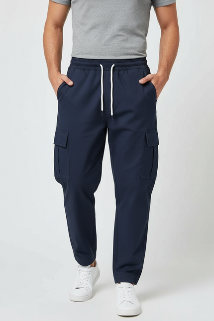 Pantalon Cargo Homme Bleu Marine Décontracté Multipoches Élastique - Polyester