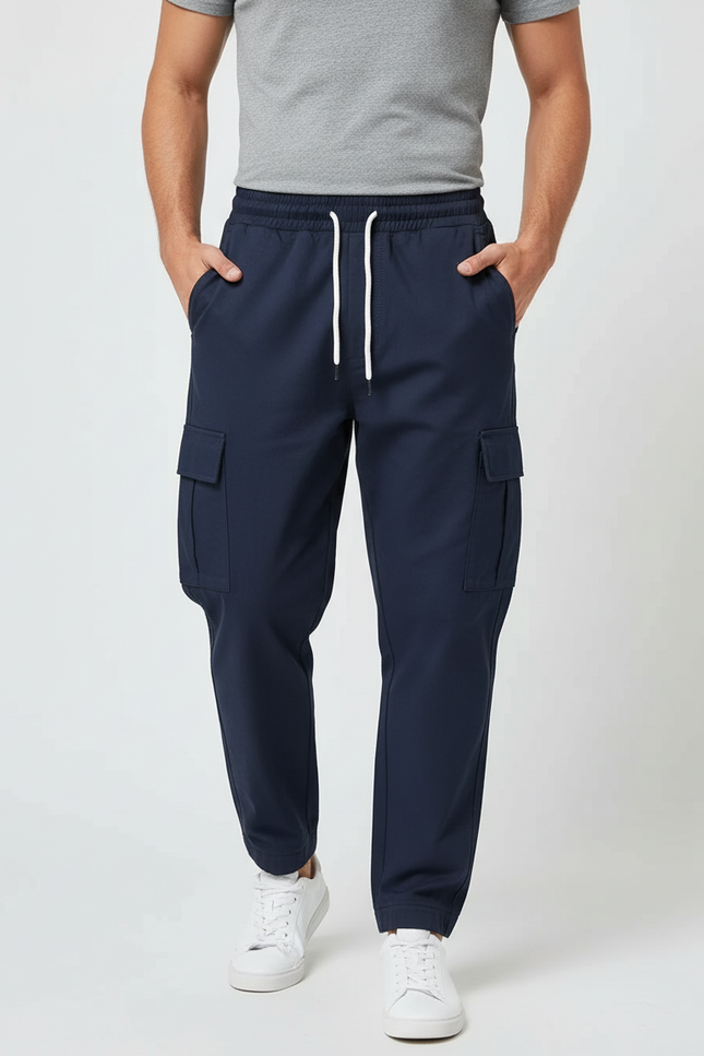 Pantalon Cargo Homme Bleu Marine Décontracté Multipoches Élastique - Polyester