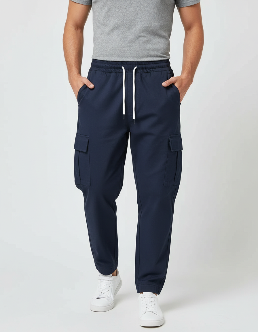 Pantalon Cargo Homme Bleu Marine Décontracté Multipoches Élastique - Polyester