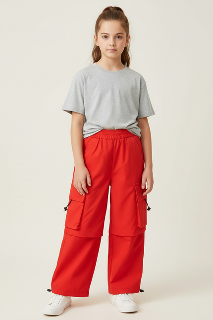 Pantalon Cargo Rouge Ample Fille Streetwear Poches - Polyester