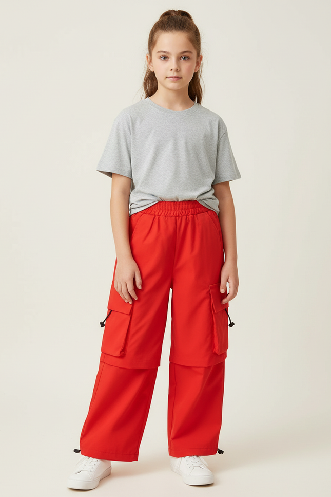 Pantalon Cargo Rouge Ample Fille Streetwear Poches - Polyester