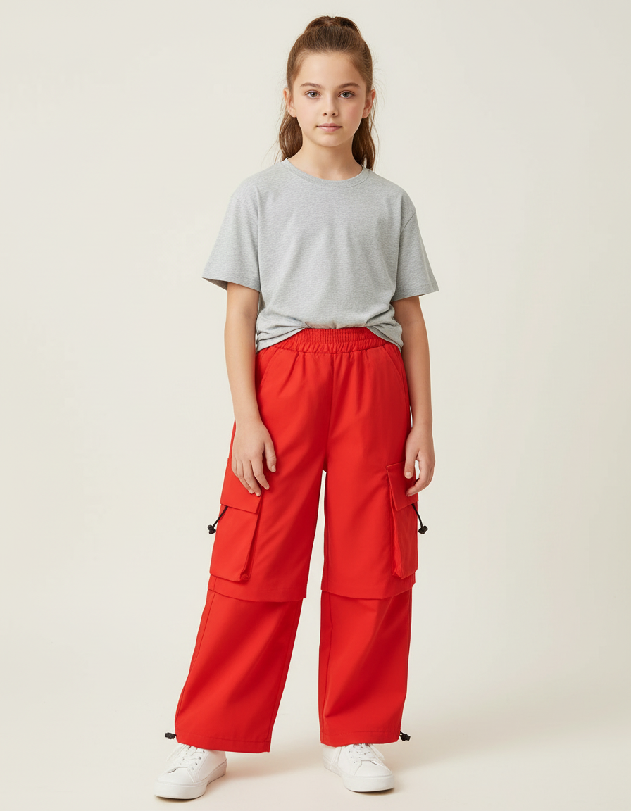 Pantalon Cargo Rouge Ample Fille Streetwear Poches - Polyester