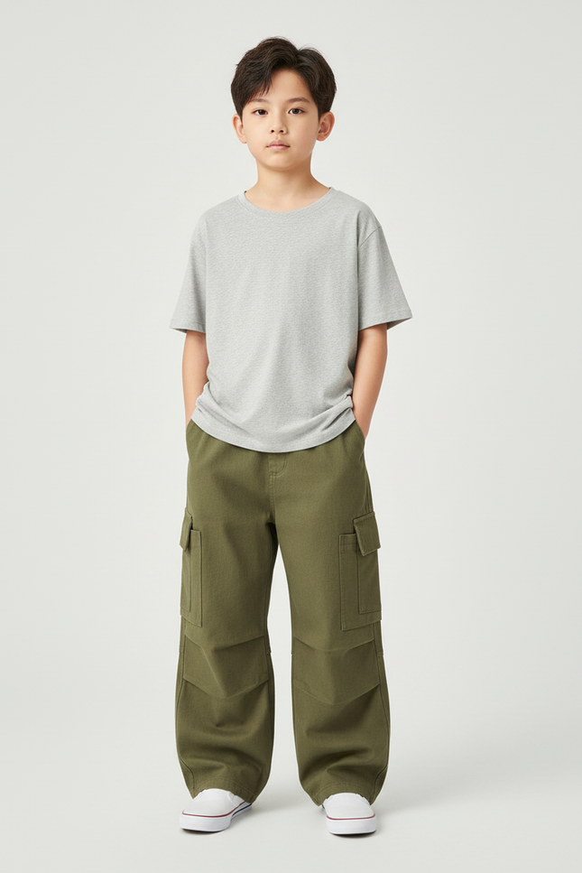Pantalon Cargo Kaki Ample Coton Multipoches Garçon - Toile