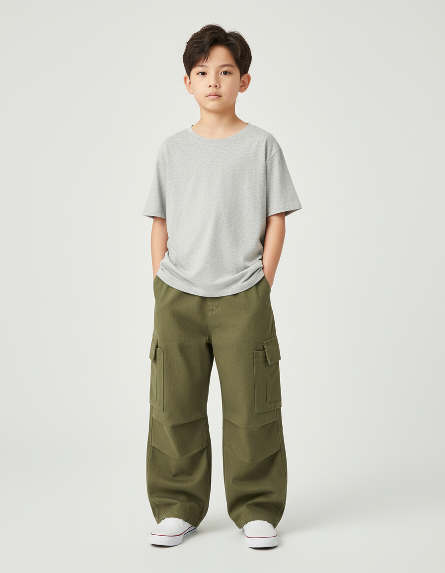 Pantalon Cargo Kaki Ample Coton Multipoches Garçon - Toile