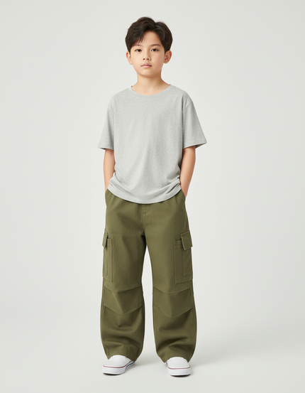 Pantalon Cargo Kaki Ample Coton Multipoches Garçon - Toile