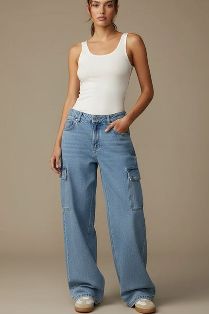 Pantalon Cargo Denim Ample Taille Haute Femme - Bleu Jean