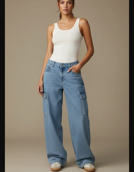 Pantalon Cargo Denim Ample Taille Haute Femme - Bleu Jean