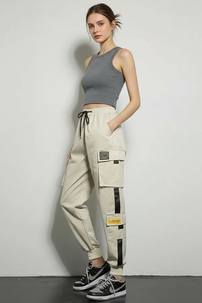 Pantalon Cargo Beige Ample Coton Casual Streetwear Femme