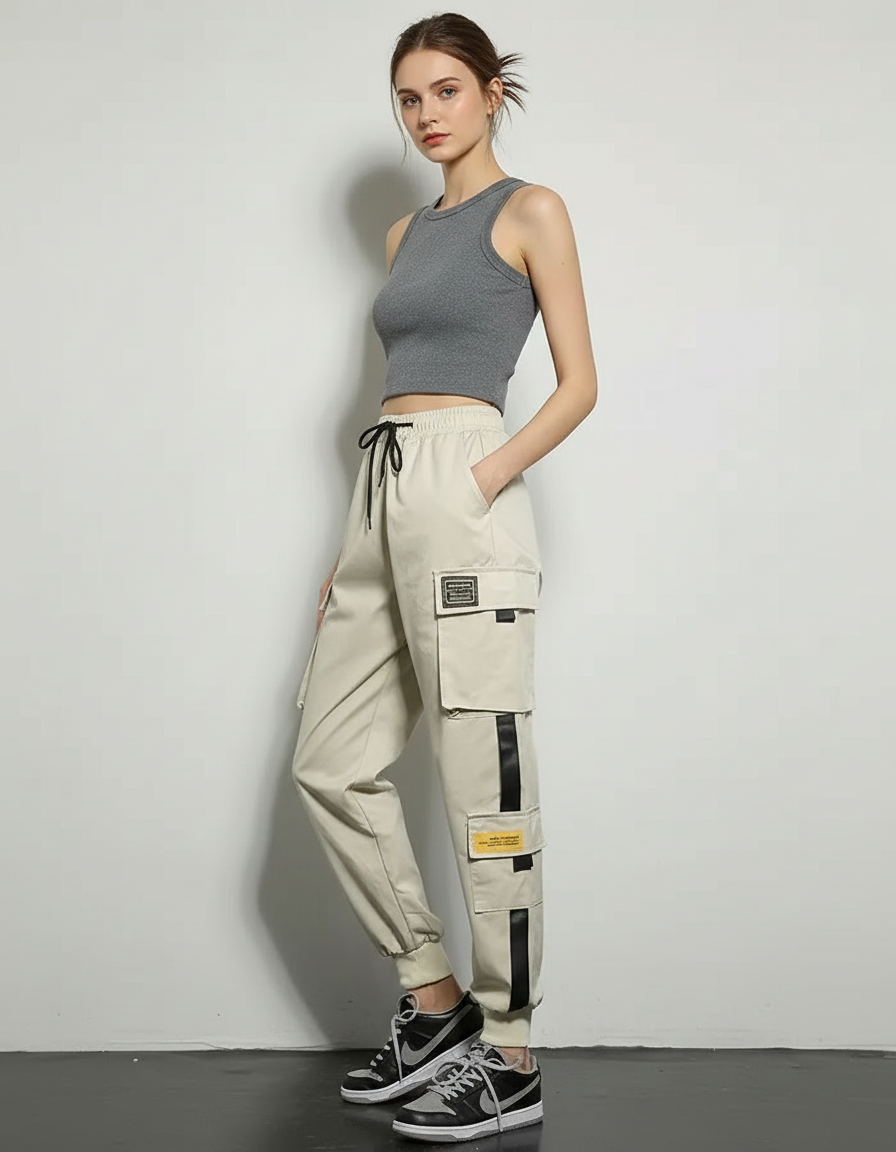 Pantalon Cargo Beige Ample Coton Casual Streetwear Femme