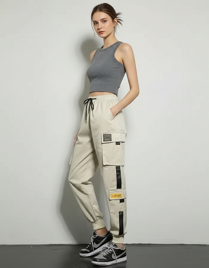 Pantalon Cargo Beige Ample Coton Casual Streetwear Femme