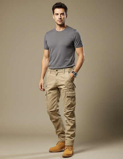 Pantalon Cargo Beige Homme Coton Multipoches Slim