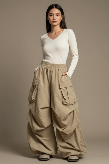 Pantalon Cargo Kaki Ample Plissé Décontracté Femme - Polyester