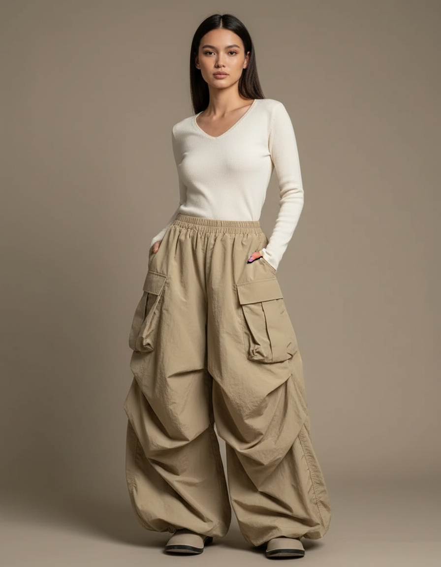 Pantalon Cargo Kaki Ample Plissé Décontracté Femme - Polyester