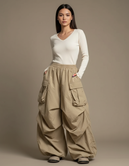 Pantalon Cargo Kaki Ample Plissé Décontracté Femme - Polyester