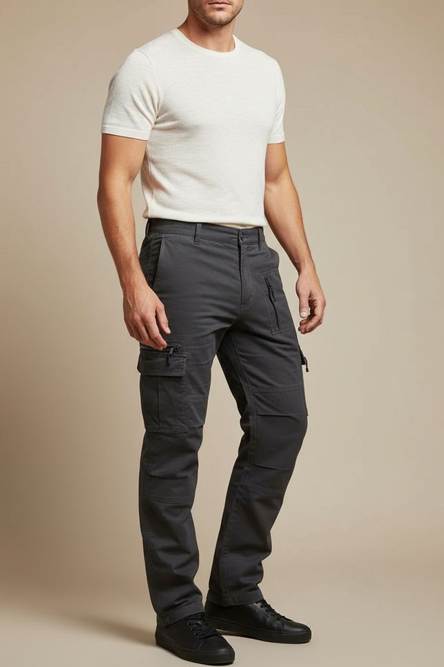 Pantalon Cargo Gris Coton Multipoches Décontracté Urbain