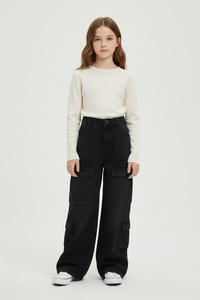 Pantalon Cargo Noir Ample Denim Fille Multipoches - Jean