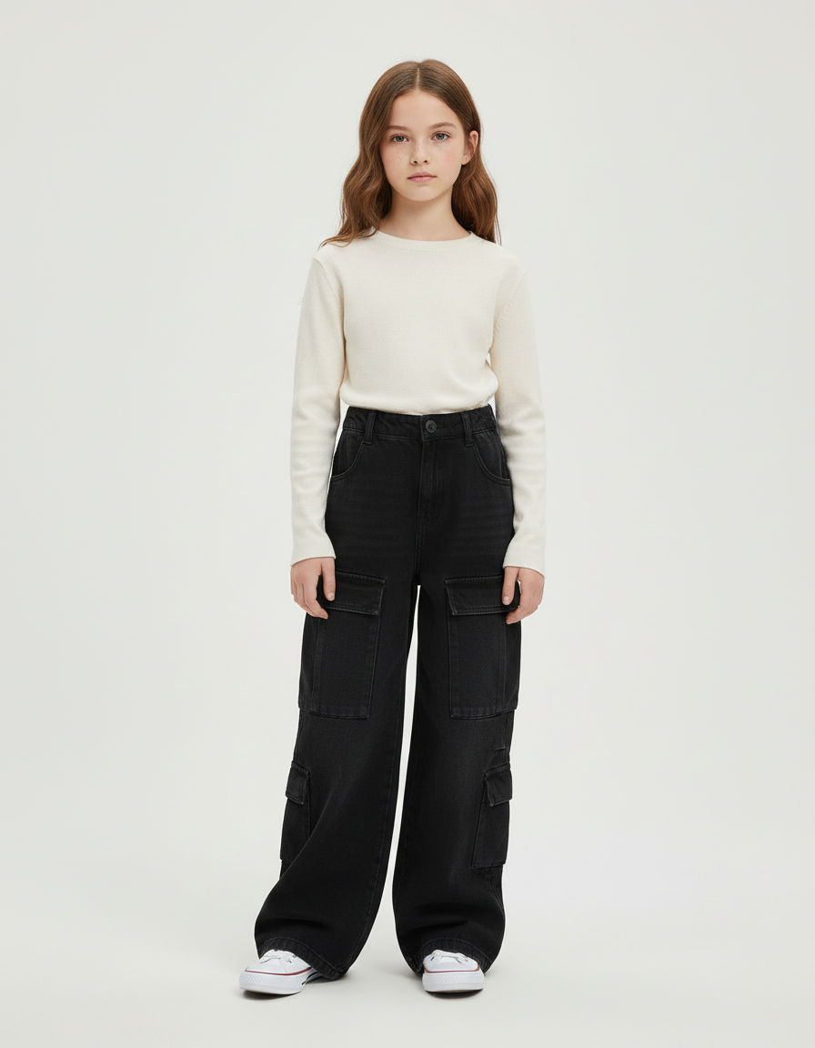 Pantalon Cargo Noir Ample Denim Fille Multipoches - Jean