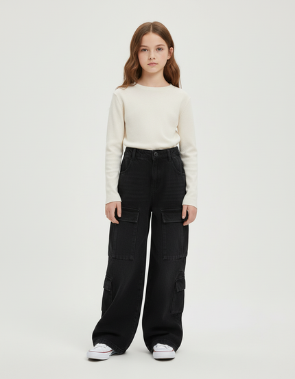Pantalon Cargo Noir Ample Denim Fille Multipoches - Jean
