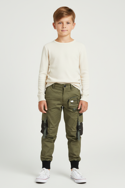 Pantalon Cargo Vert Militaire Enfant Multipoches Jogger - Kaki Coton
