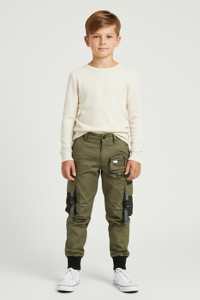 Pantalon Cargo Vert Militaire Enfant Multipoches Jogger - Kaki Coton