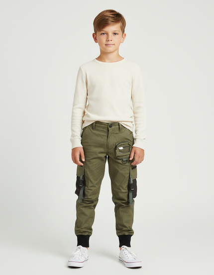 Pantalon Cargo Vert Militaire Enfant Multipoches Jogger - Kaki Coton