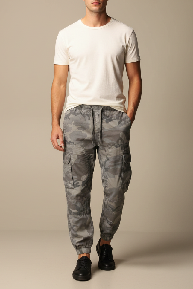 Pantalon Cargo Camouflage Gris Ample Multipoches - Toile