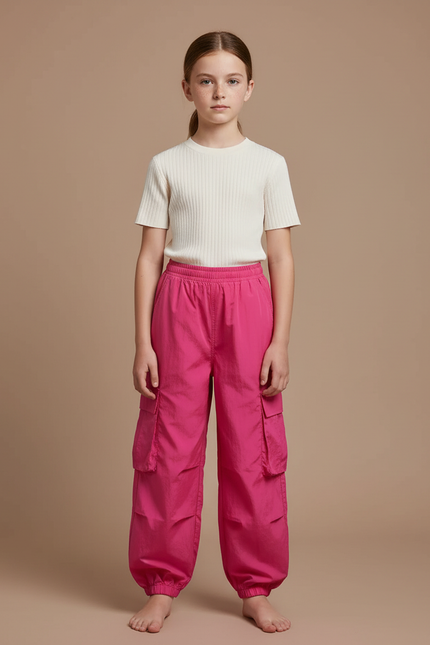 Pantalon Cargo Rose Ample Sportif Fille - Polyester