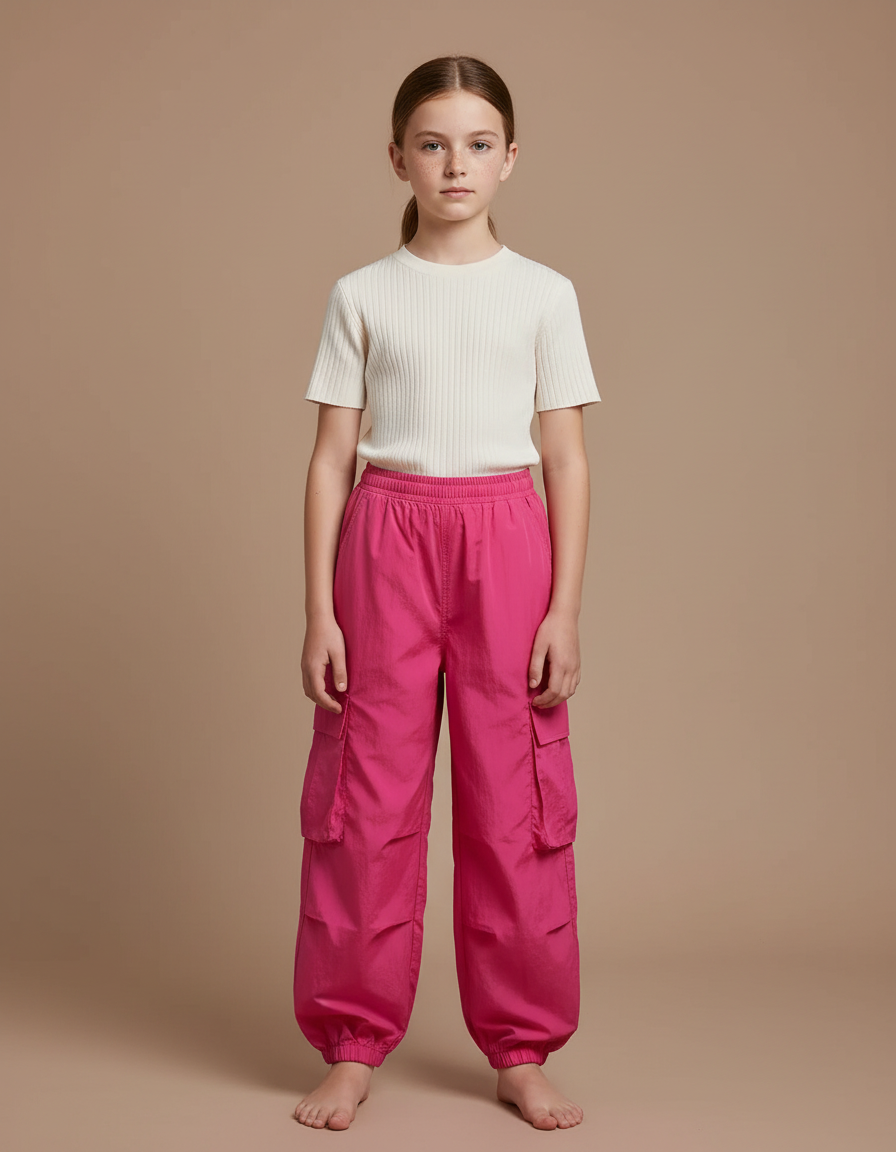 Pantalon Cargo Rose Ample Sportif Fille - Polyester