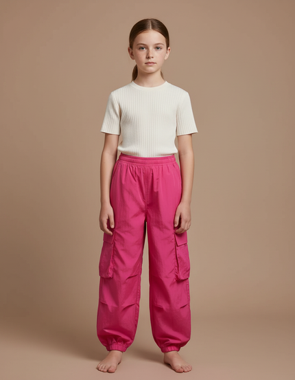 Pantalon Cargo Rose Ample Sportif Fille - Polyester