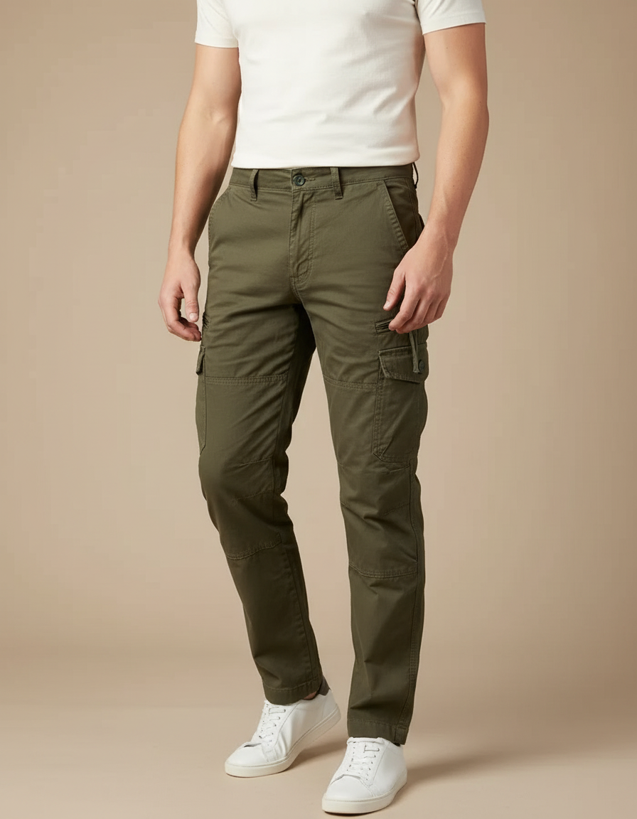 Pantalon Cargo Vert Kaki Coton Droit Homme Décontracté