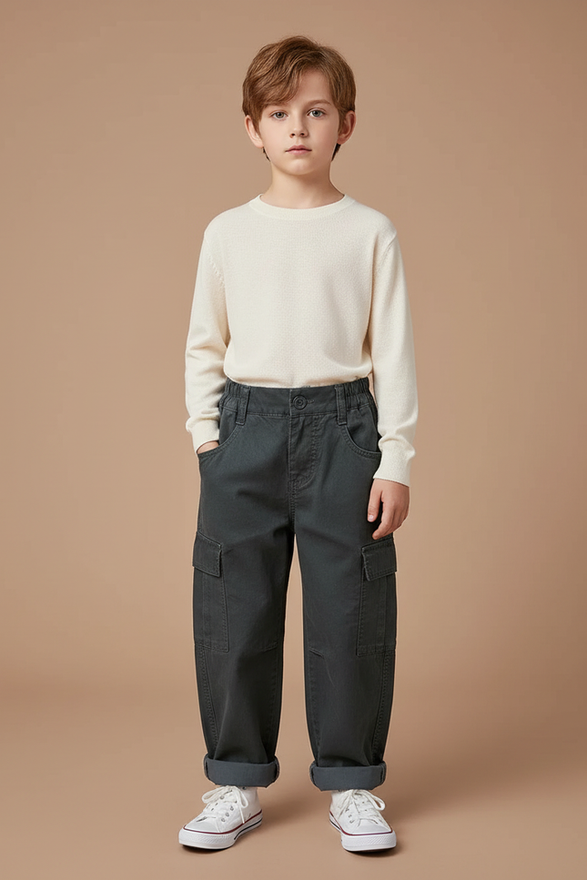 Pantalon Cargo Gris Ample Décontracté Enfant Poches - Toile