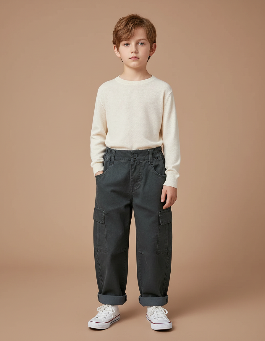 Pantalon Cargo Gris Ample Décontracté Enfant Poches - Toile