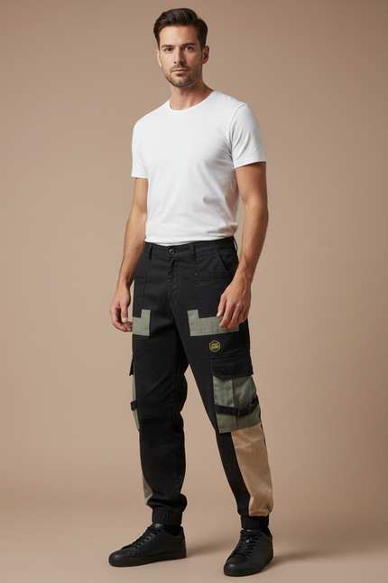 Pantalon Cargo Noir Patchwork Techwear Streetwear Homme - Toile