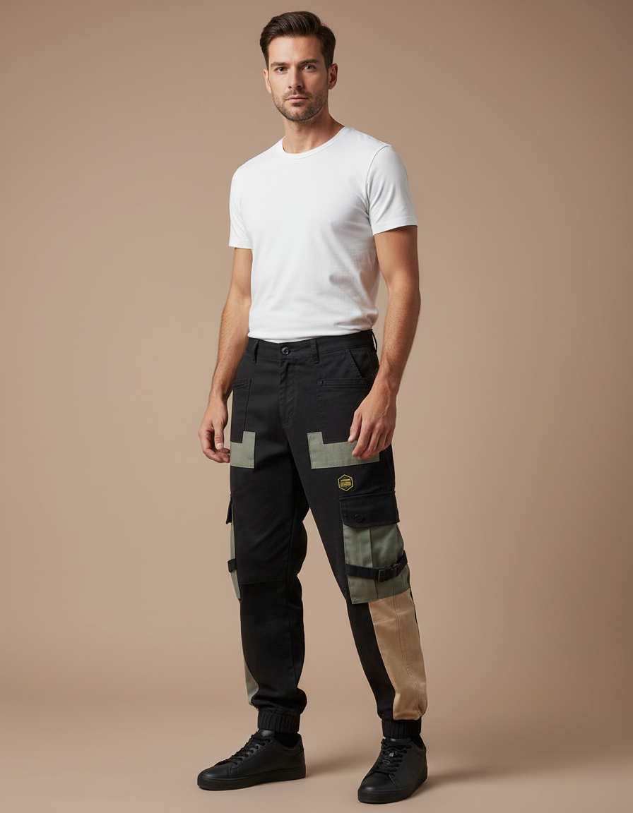 Pantalon Cargo Noir Patchwork Techwear Streetwear Homme - Toile