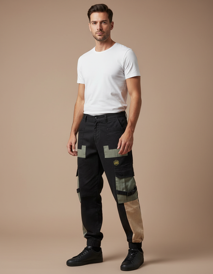 Pantalon Cargo Noir Patchwork Techwear Streetwear Homme - Toile